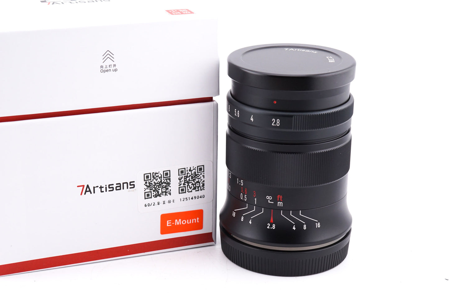7Artisans 60mm f2.8 Mark II lens with a E-mount box on a white background.