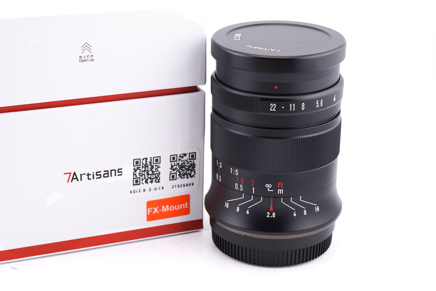 7Artisans 60mm f2.8 Mark II lens with a FX-mount box on a white background.