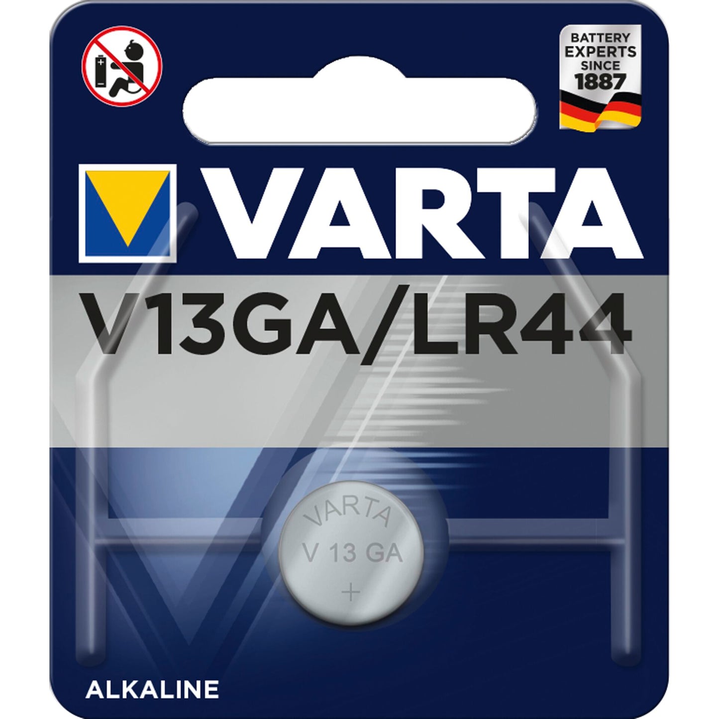 A battery in package on a white background. Varta LR44 / V13GA.
