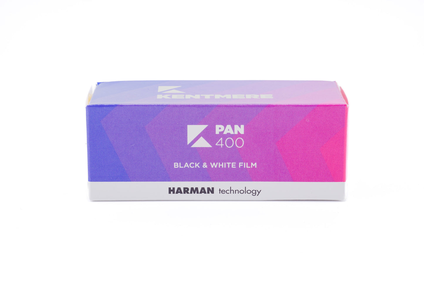 An Ilford Kentmere PAN 400 black and white film box on a white background. For 120mm medium format cameras.