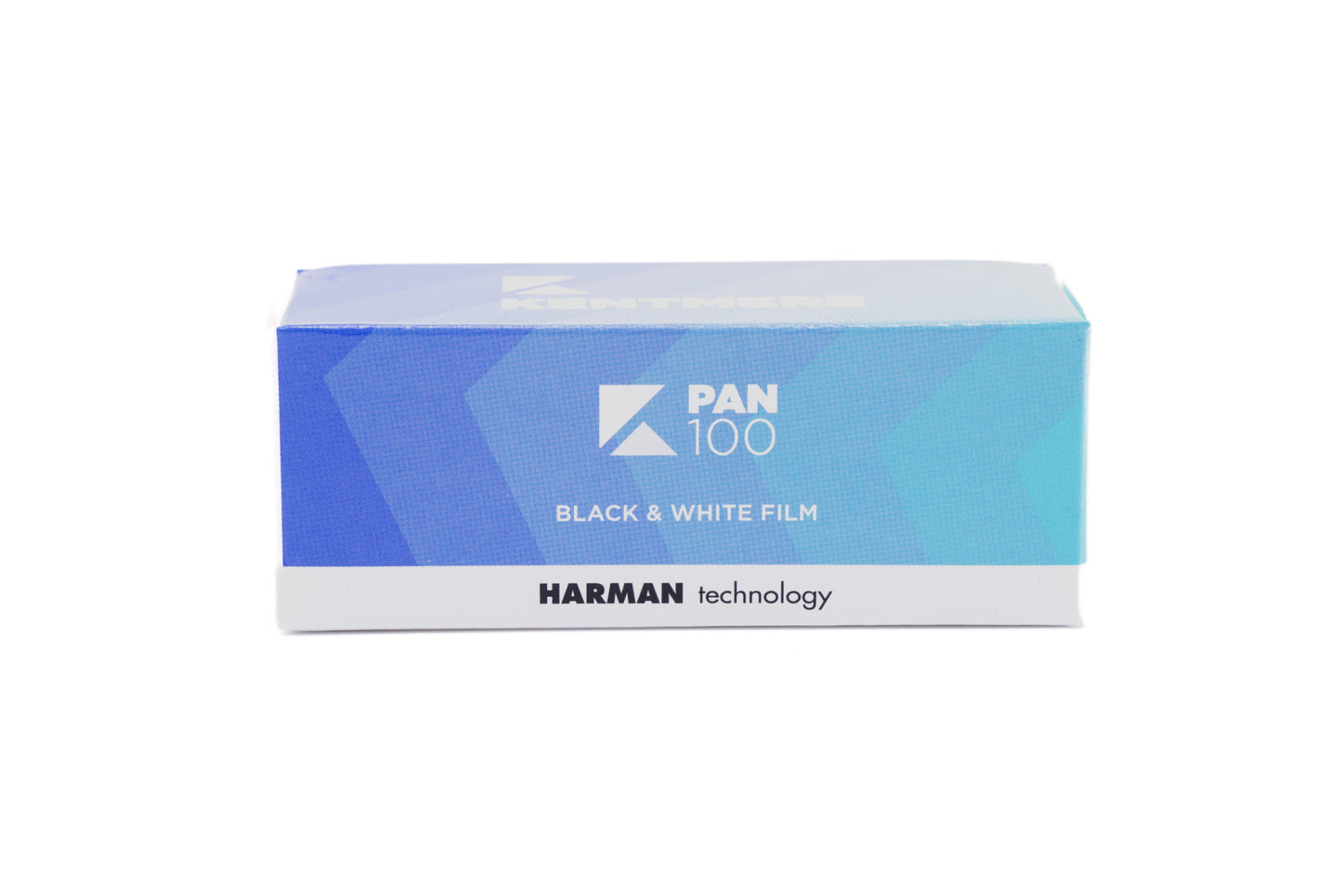 An Ilford Kentmere PAN 100 black and white film box on a white background. For 120mm medium format cameras.