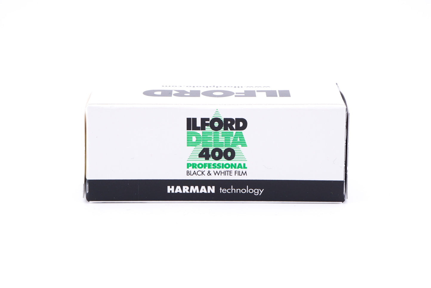 Ilford Delta 400 Professional film in a package on a white background. 120mm film for medium format cameras.