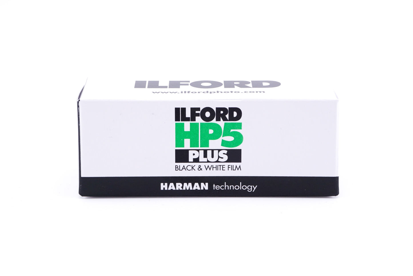 An Ilford HP5 Plus 400 black and white film box on a white background. For 120mm medium format cameras.