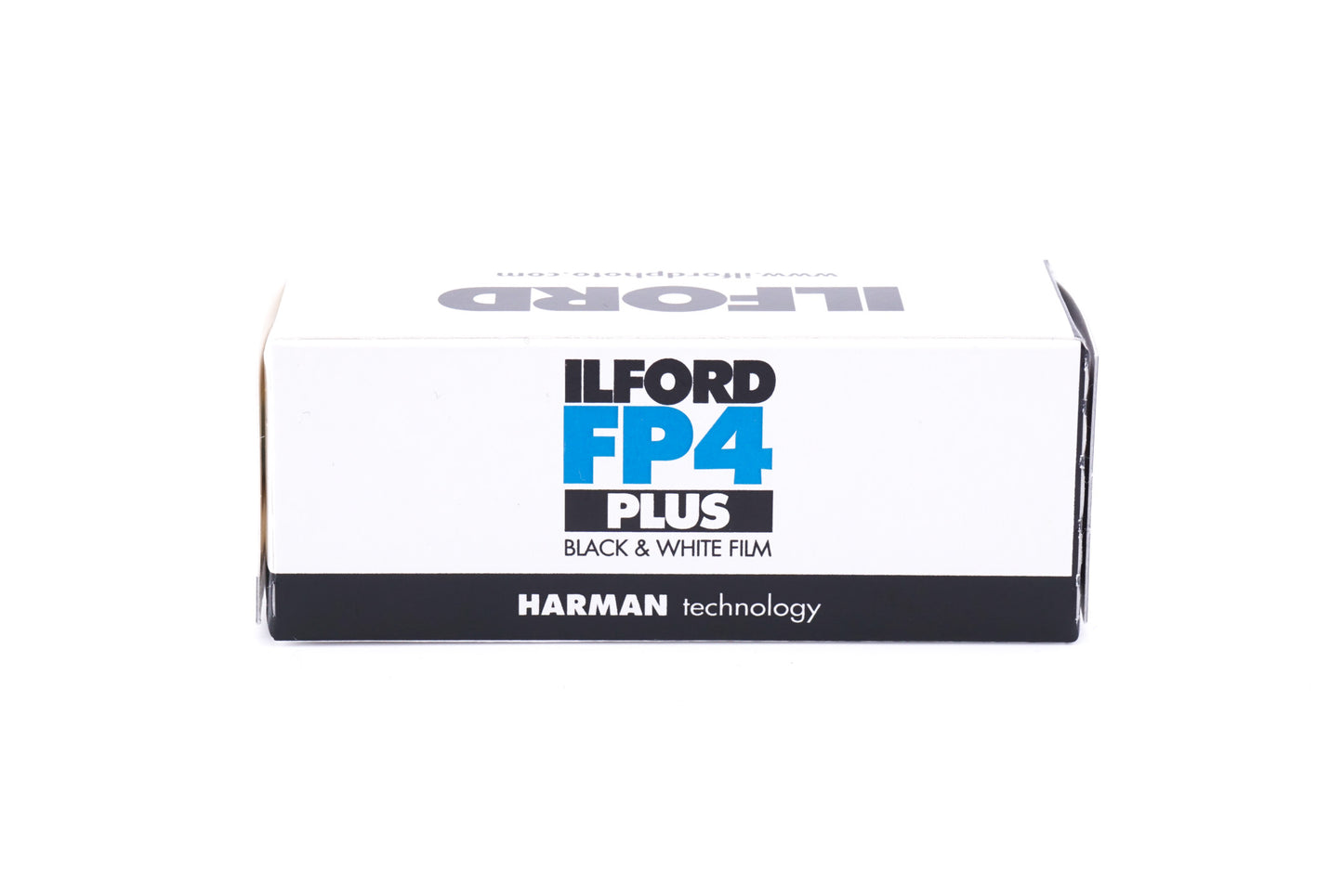 An Ilford FP4 Plus 125 black and white film roll box on a white background. For 120mm medium format cameras.