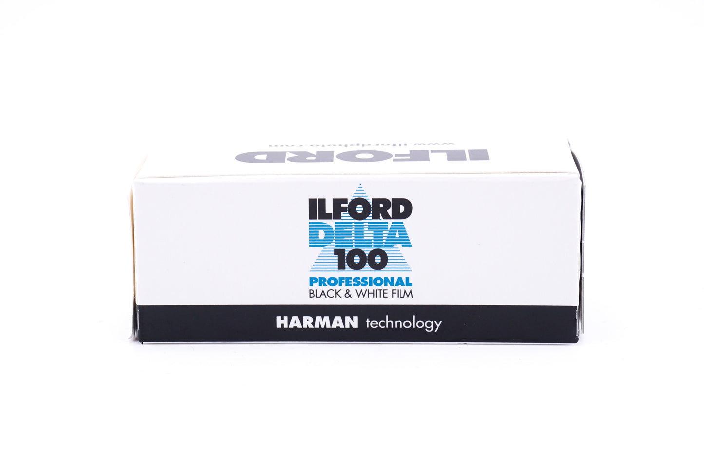 A black and white film package on a white background. 120mm film for medium format cameras. Ilford Delta 100 Professional.