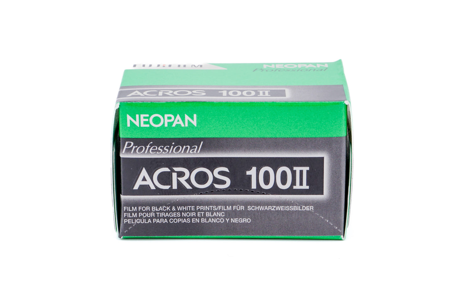 Fujifilm Neopan 100 Acros II package on a white background. For 35mm cameras.
