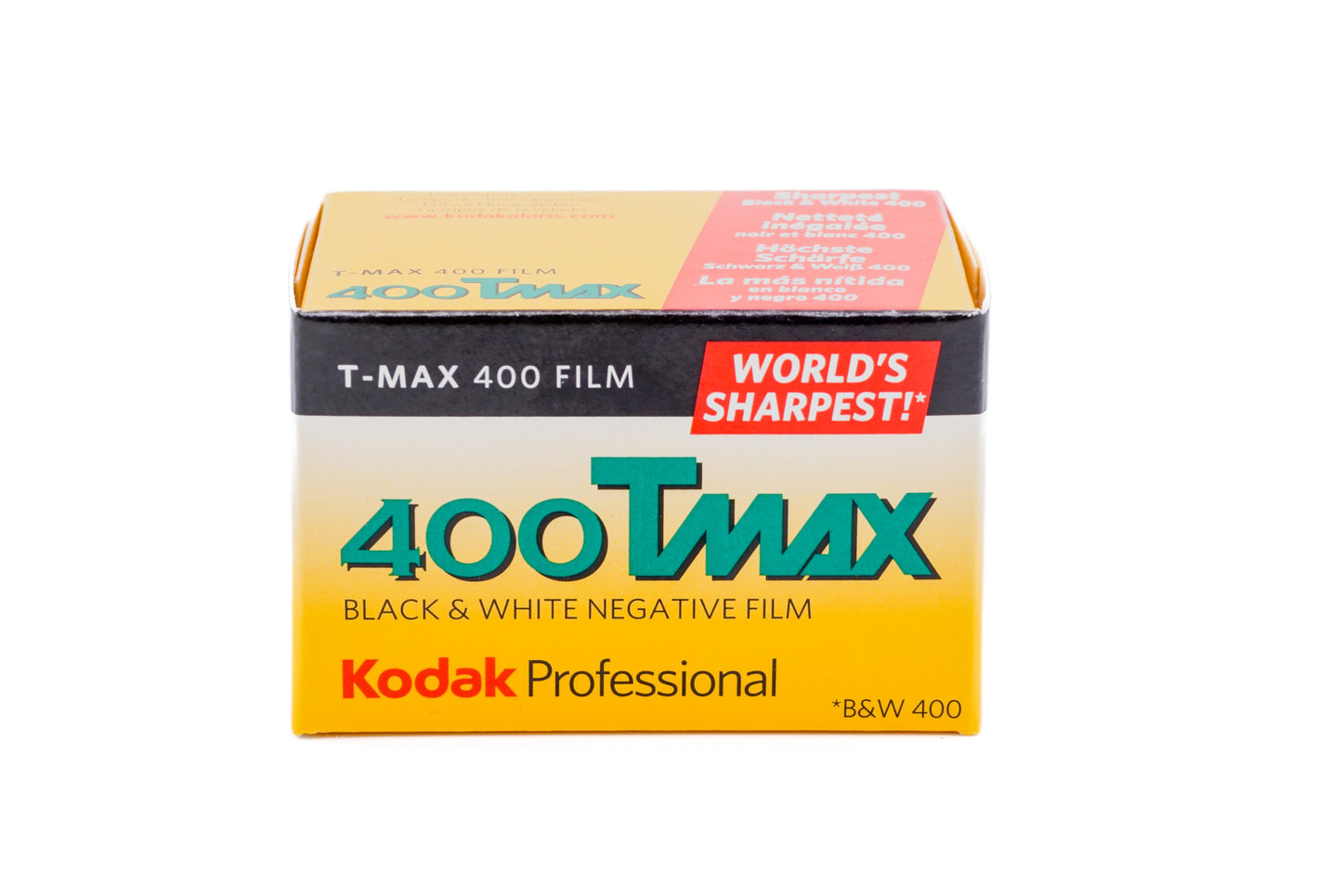 Kodak T-Max 400 black and white film package on a white background. For 35mm cameras.