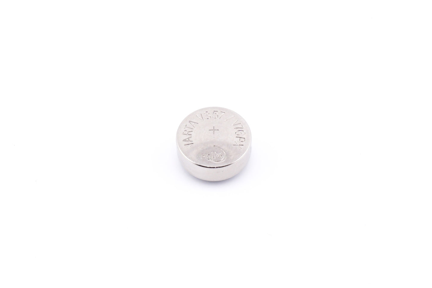 A battery on a white background. Varta SR44 1.55V.