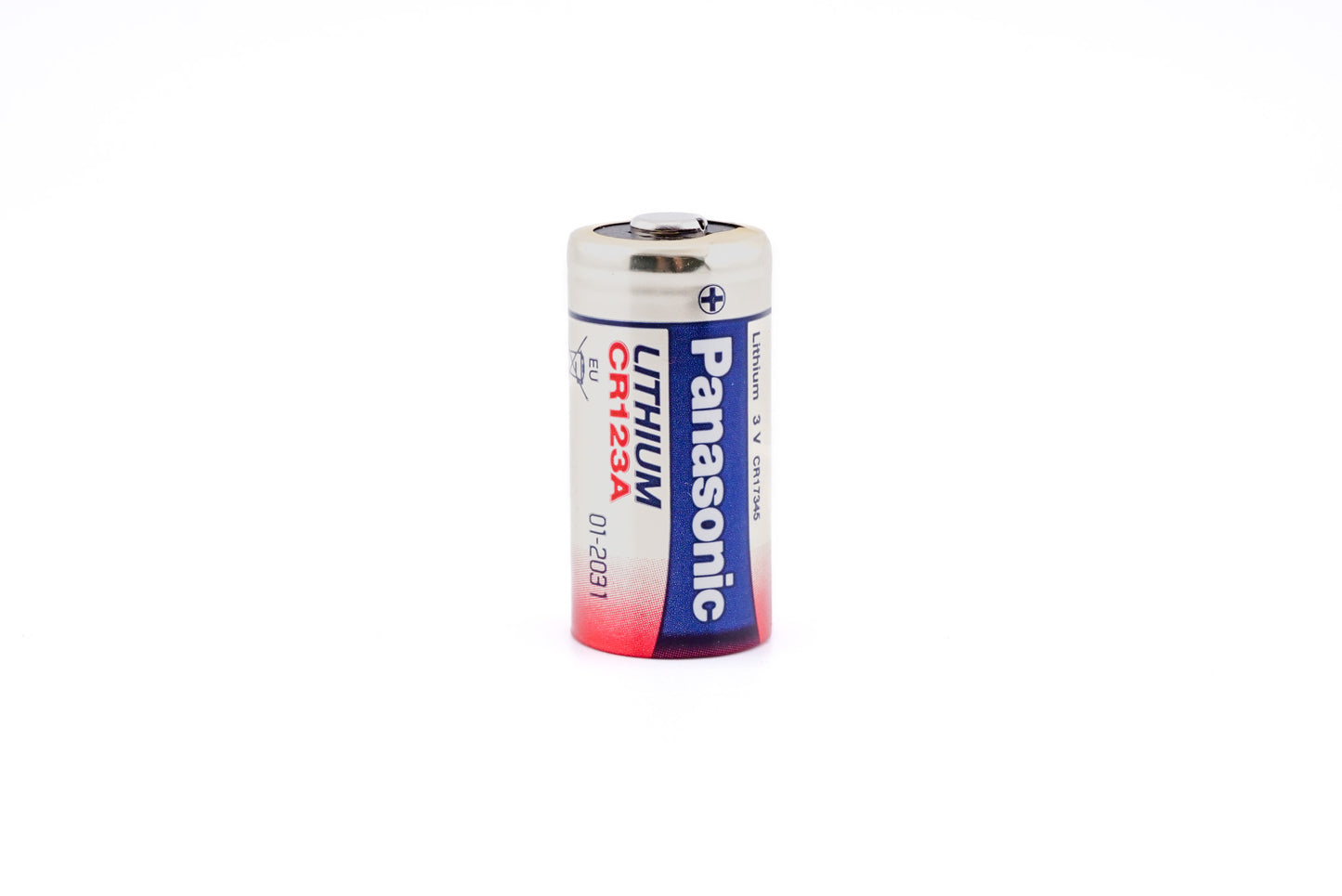 A close-up of a battery on a white background. Panasonic CR123A 3V.
