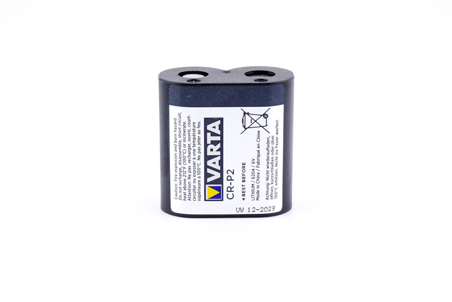 A battery on a white background. Varta CRP2 6V.
