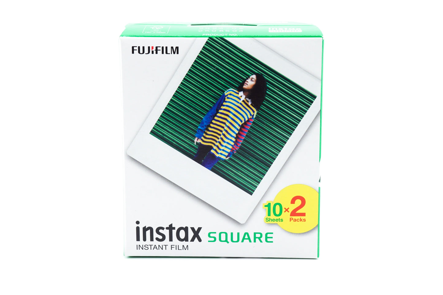 A Fujifilm Instax Square 2-pack box on a white background. 10 pictures per pack.