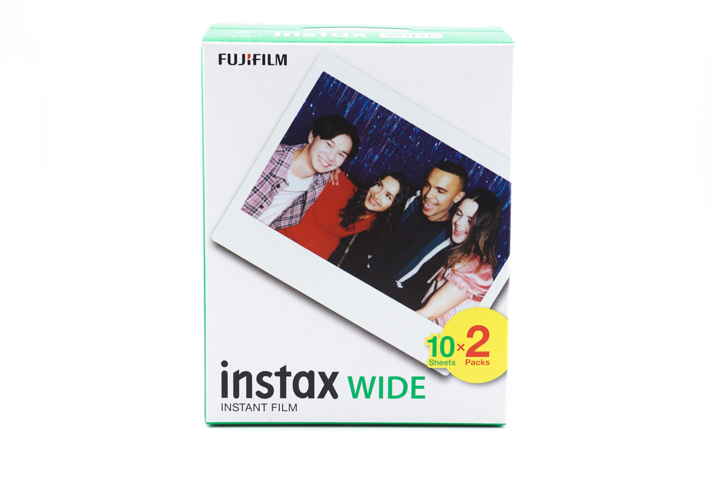 A Fujifilm Instax Wide 2-pack box on a white background. 10 pictures per pack.