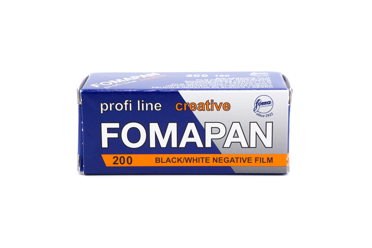 A Fomapan 200 black and white negative film roll box on a white background. For 120mm medium format cameras.