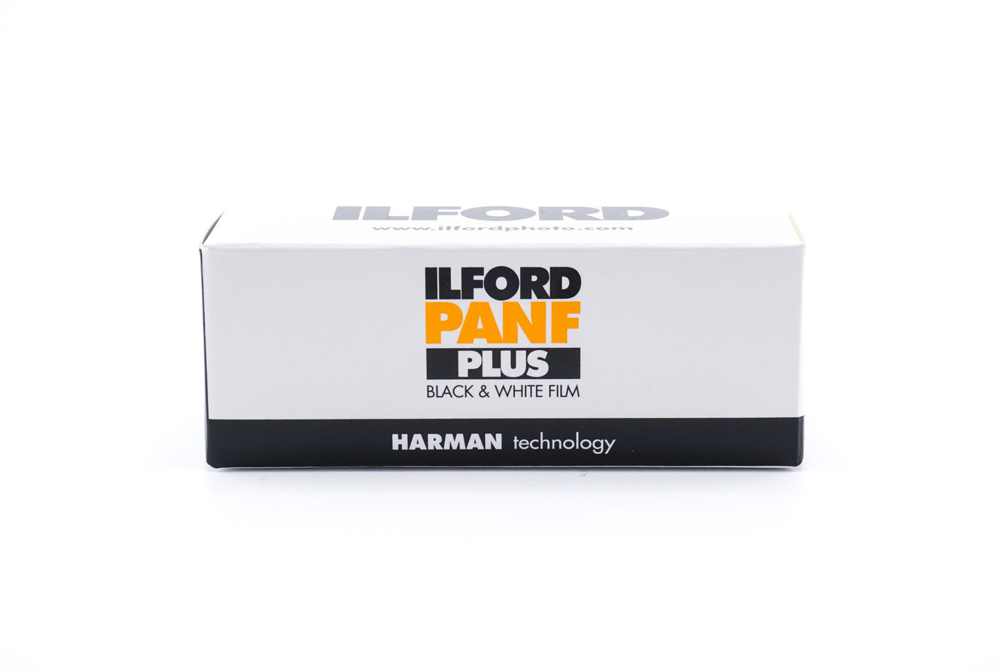 Ilford Pan F Plus 50 black and white film box on a white background. For 120mm medium format cameras.