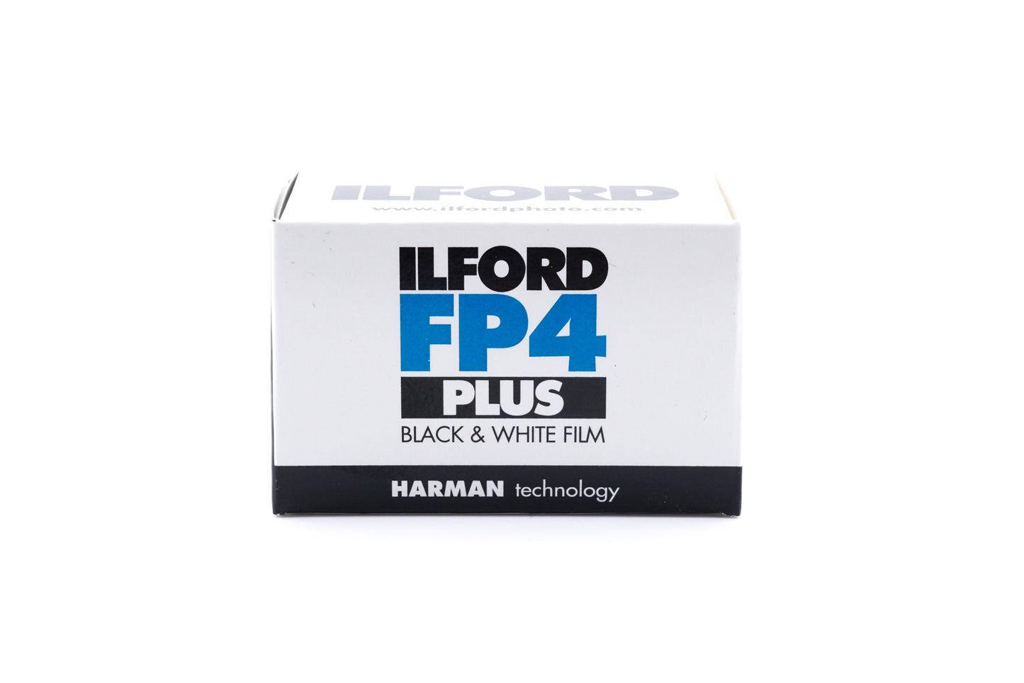 An Ilford FP4 Plus 125 black and white film roll box on a white background. For 35mm cameras.