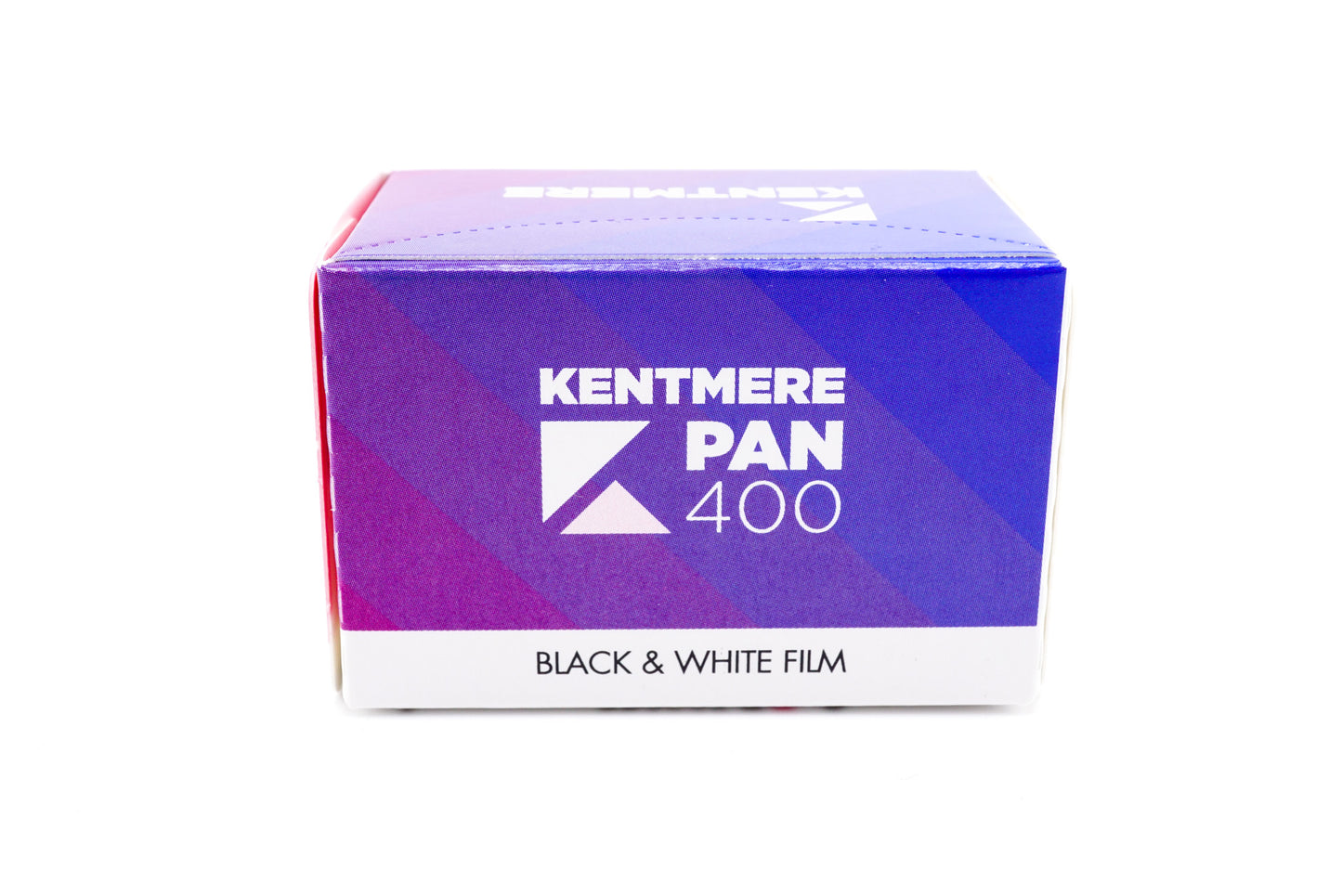 An Ilford Kentmere PAN 400 black and white film box on a white background. For 35mm cameras.