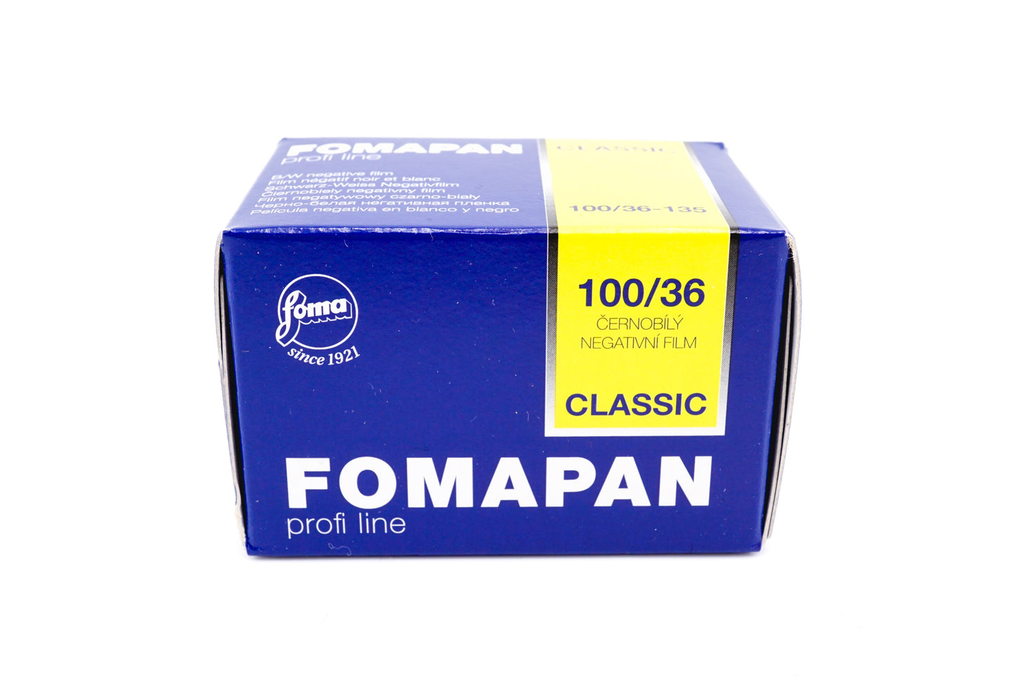 A Fomapan 100 film package on a white background. For 35mm film format cameras.