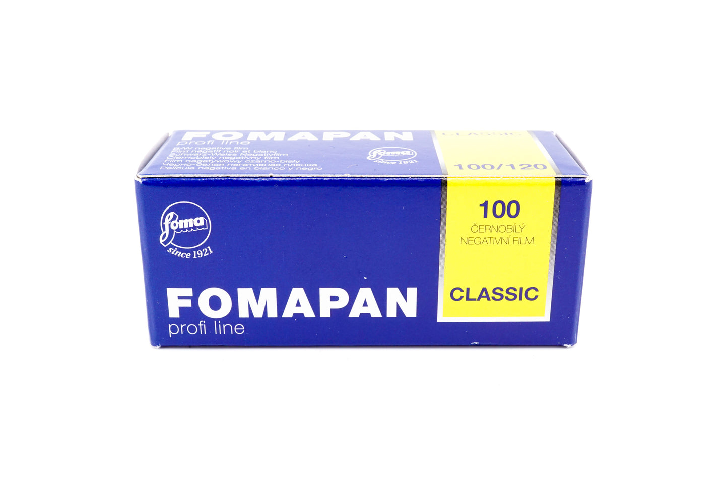 A Fomapan 100 black and white negative film roll box on a white background. For 120mm medium format cameras.