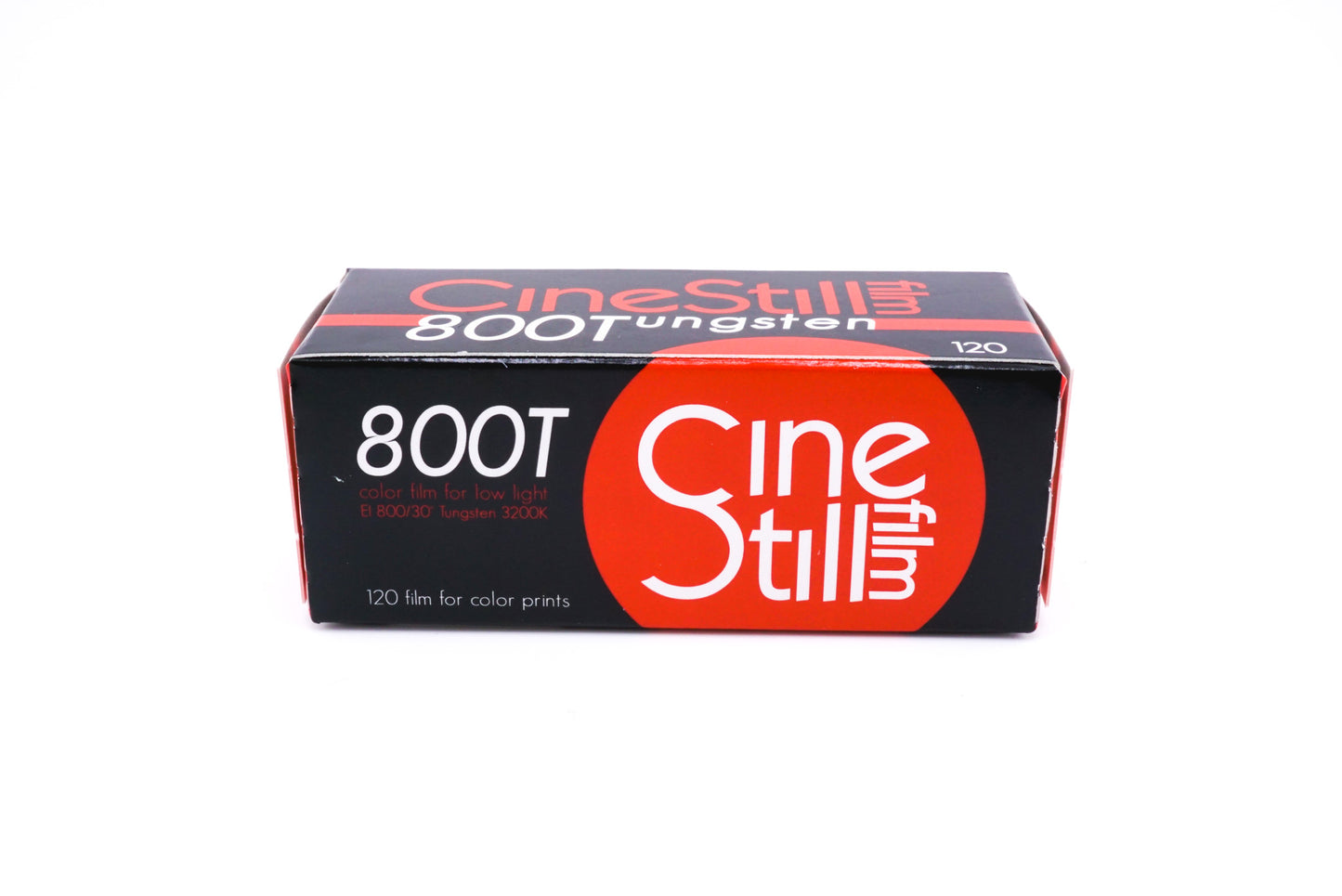 A CineStill 800T film roll in a package with a white background. 120mm film for medium format cameras.
