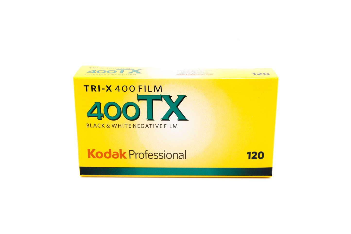 Kodak Tri-X 400 black and white film package on a white background. For 120mm medium format cameras.
