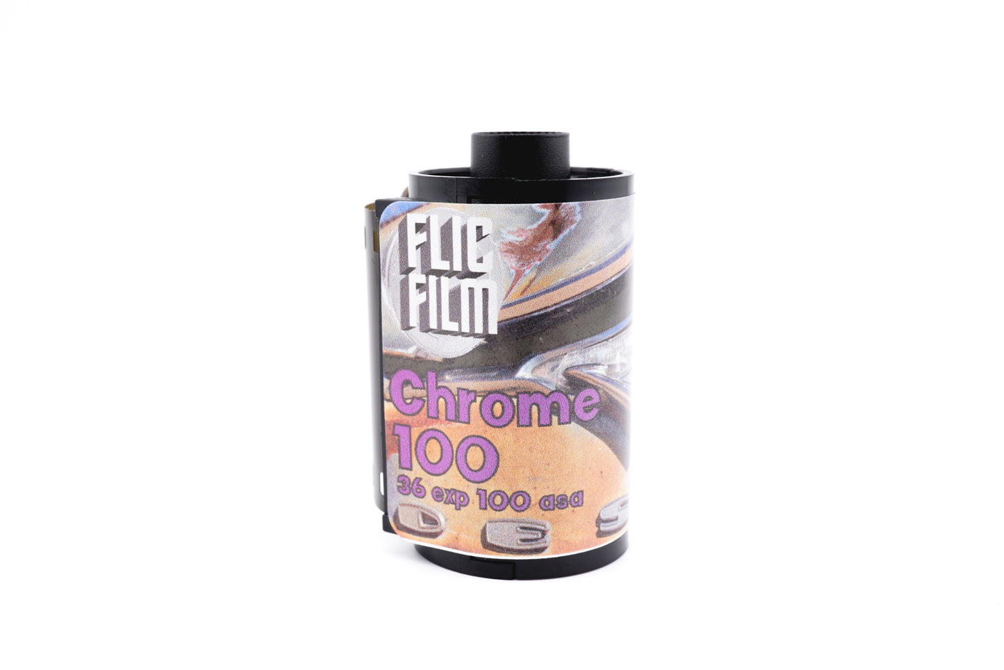 A single Flic Film Chrome 100 film roll on a white background. For 35mm film format cameras.