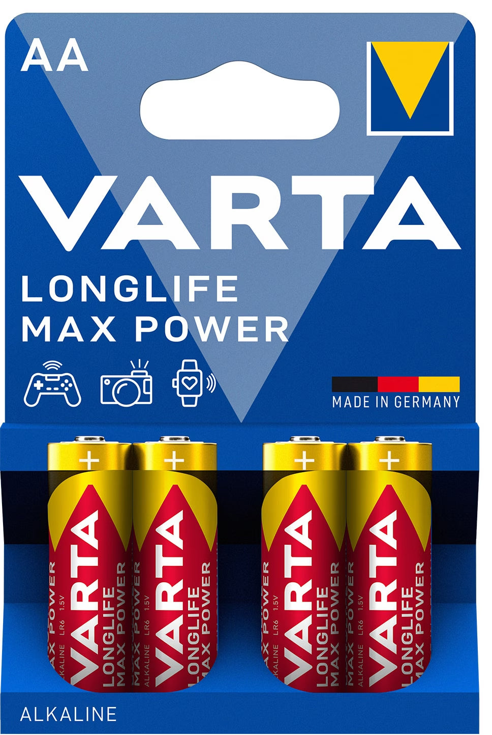 Batteries in a package on a white background. Varta 1x4 AA 1.5V.