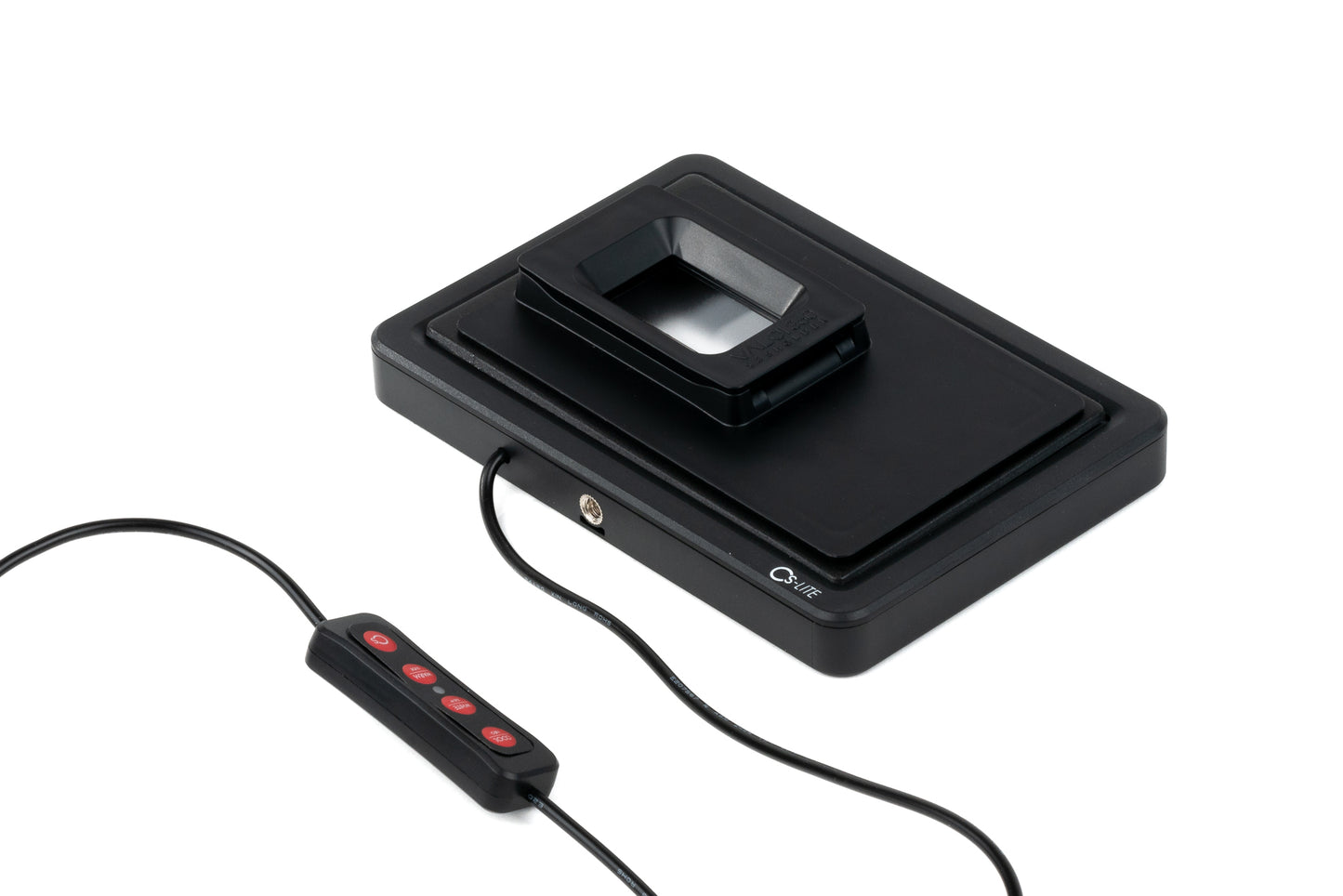 Backside of a scanning kit with a wire remote control on a white background.