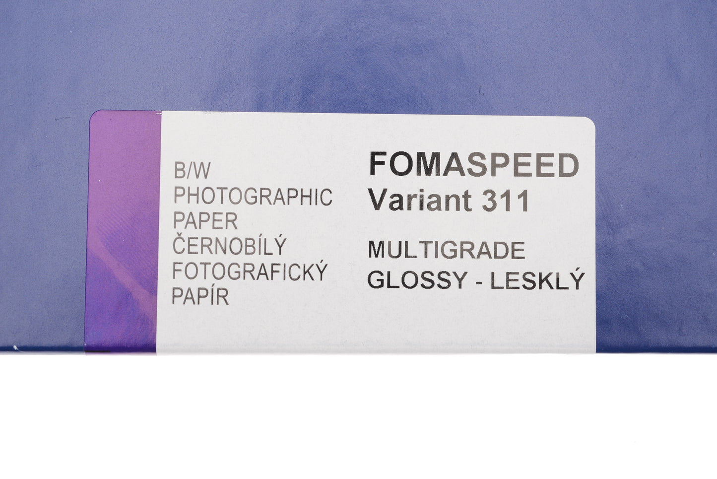 A close-up of a Foma Fomaspeed glossy photographic paper sheet box info on a white background. 50 Sheets per box.