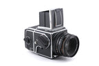 Hasselblad 503CW (Silver, 10243) + A12N Film Magazine + Waist Level Finder (New / Chrome, 42315) + Acute Matte D Microprism / Split Image Focusing Screen (42215) + 80mm f2.8 Planar T* CF (20029) + Winding Crank E (44086)