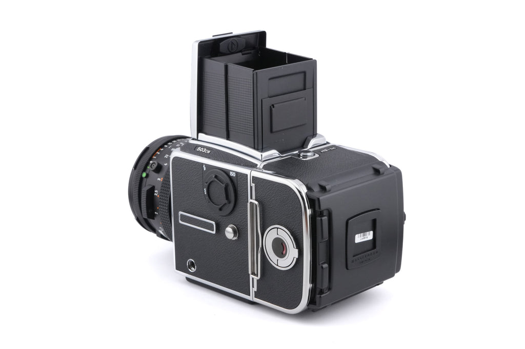 Hasselblad 503CW (Silver, 10243) + A12N Film Magazine + Waist Level Finder (New / Chrome, 42315) + Acute Matte D Microprism / Split Image Focusing Screen (42215) + 80mm f2.8 Planar T* CF (20029) + Winding Crank E (44086)