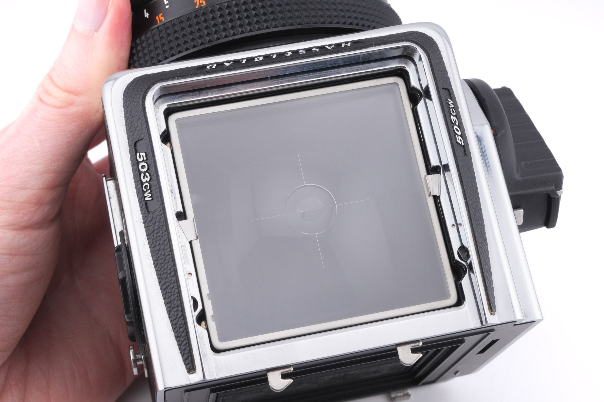 Hasselblad 503CW (Silver, 10243) + A12N Film Magazine + Waist Level Finder (New / Chrome, 42315) + Acute Matte D Microprism / Split Image Focusing Screen (42215) + 80mm f2.8 Planar T* CF (20029) + Winding Crank E (44086)