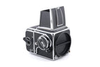 Hasselblad 500C/M (Silver, 10026) + Rapid Winding Crank (Chrome, 44016/TIRFC) + Standard Focusing Screen (42161) + A12 Film Magazine (Silver, 30074) + Waist Level Finder (Old / Silver, 42021)