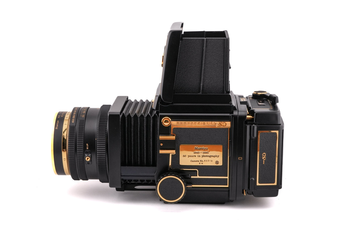 Mamiya RB67 Pro SD (Gold 50th Anniversary Edition) + 127mm f3.5 K/L L-A (Gold 50th Anniversary Edition) + 120 Pro-SD 6x7 Film Back (Gold 50th Anniversary Edition) + Waist Level Finder (Gold 50th Anniversary Edition)