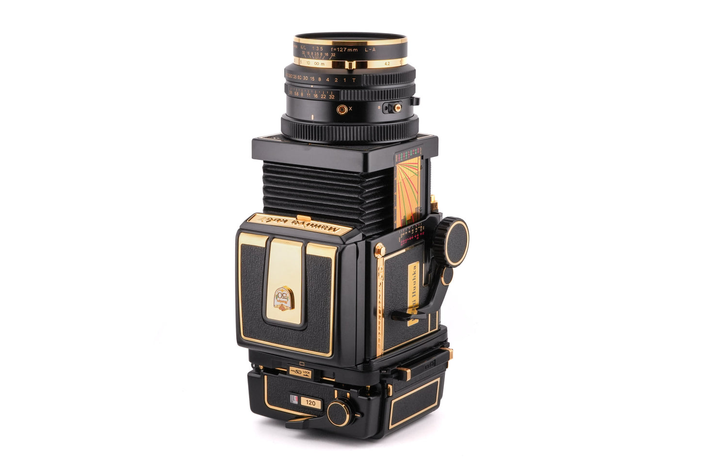 Mamiya RB67 Pro SD (Gold 50th Anniversary Edition) + 127mm f3.5 K/L L-A (Gold 50th Anniversary Edition) + 120 Pro-SD 6x7 Film Back (Gold 50th Anniversary Edition) + Waist Level Finder (Gold 50th Anniversary Edition)