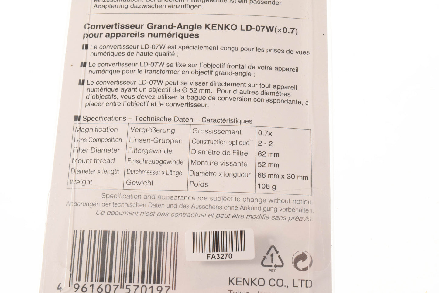 Kenko 0.7X Wide Angle Conversion Lens LD-07W