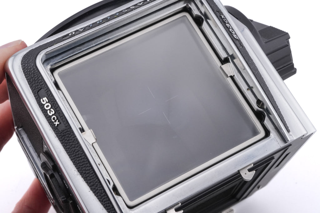 Hasselblad 503CX (Silver, 10026) + A12N Film Magazine + Waist Level Finder (New / Chrome, 42315) + Acute Matte Focusing Screen (42165)