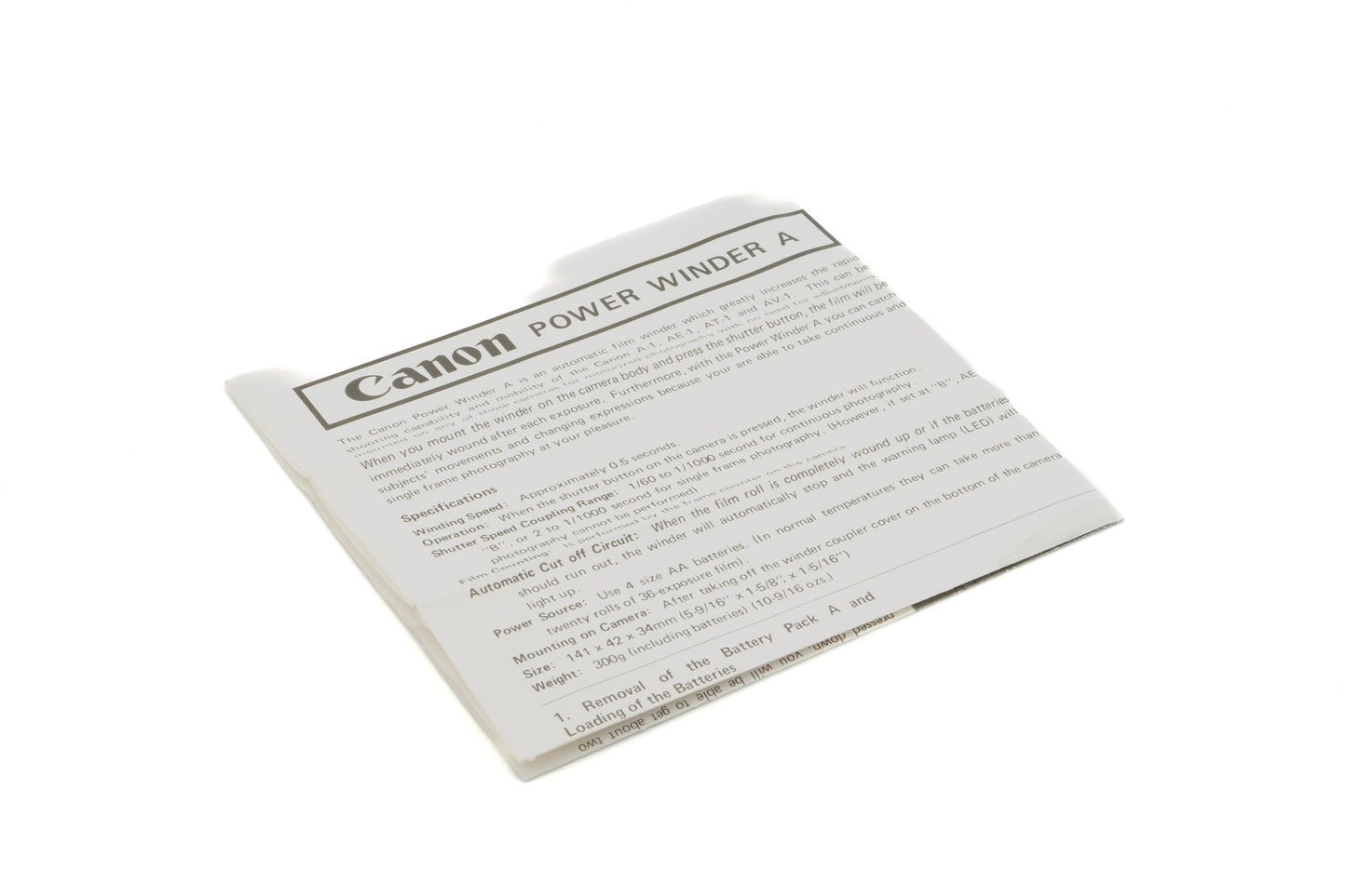 Canon Power Winder A Data Sheet - Accessory