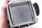 Hasselblad 500C/M (Silver, 10026) + Waist Level Finder (Old / Silver, 42021) + Focusing Screen with Split-Image Rangefinder (42188) + 80mm f2.8 Planar T* C (Silver, 20028) + A12 Film Magazine (Silver, 30074)