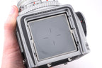 Hasselblad 500C/M (Silver, 10026) + 80mm f2.8 Planar T* C (Silver, 20028) + Waist Level Finder (Old / Silver, 42021) + Standard Focusing Screen (42161) + A12 Film Magazine (Silver, 30074)