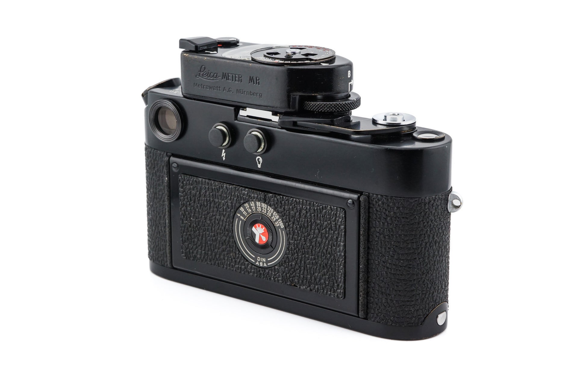 back view of original Leica M4 black paint showing black paint iso reminder dial showing range of 4 to 1300
