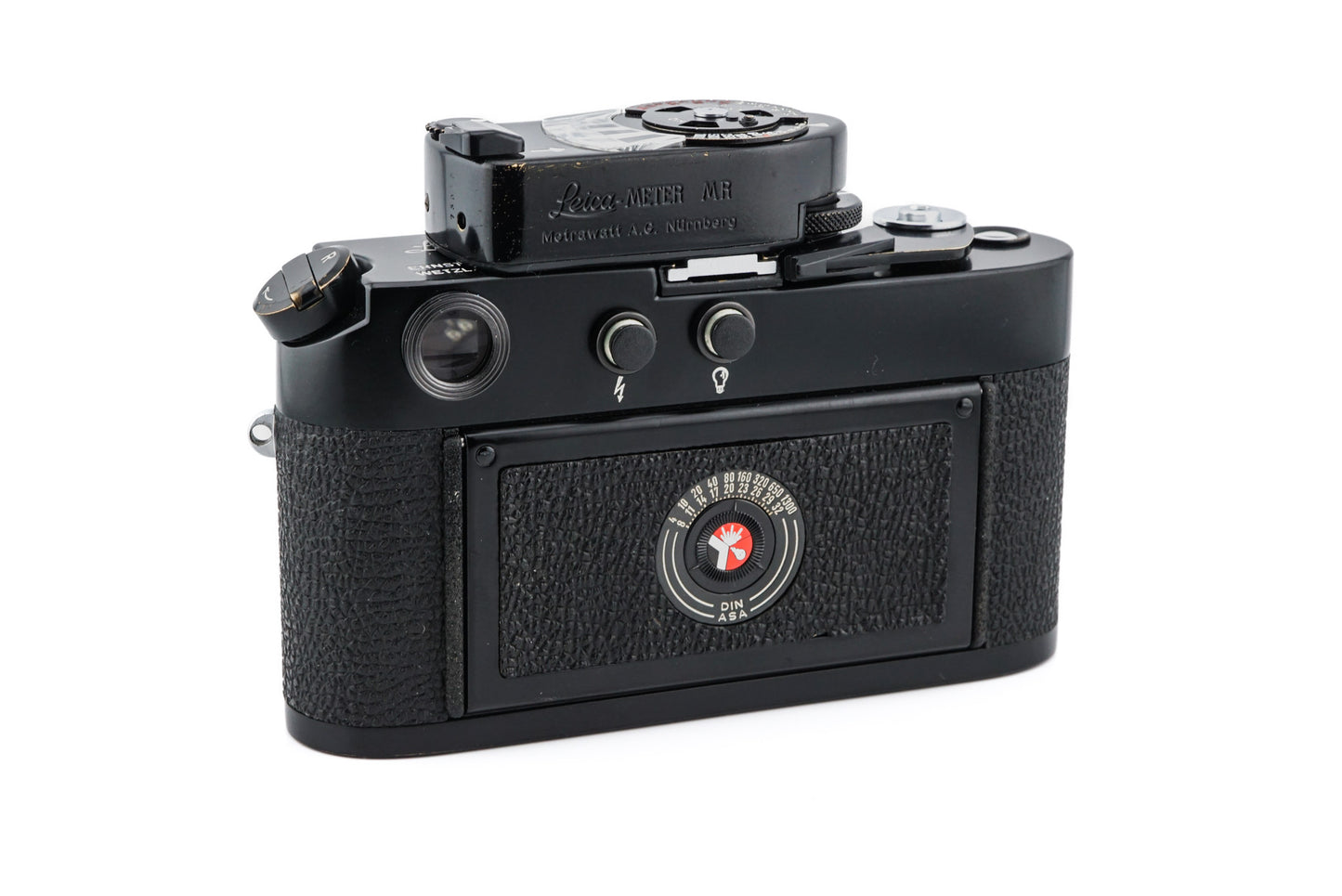 Back view of first batch black paint Leica M4 showing brassed rewind knob, iso dial, and flash symbols