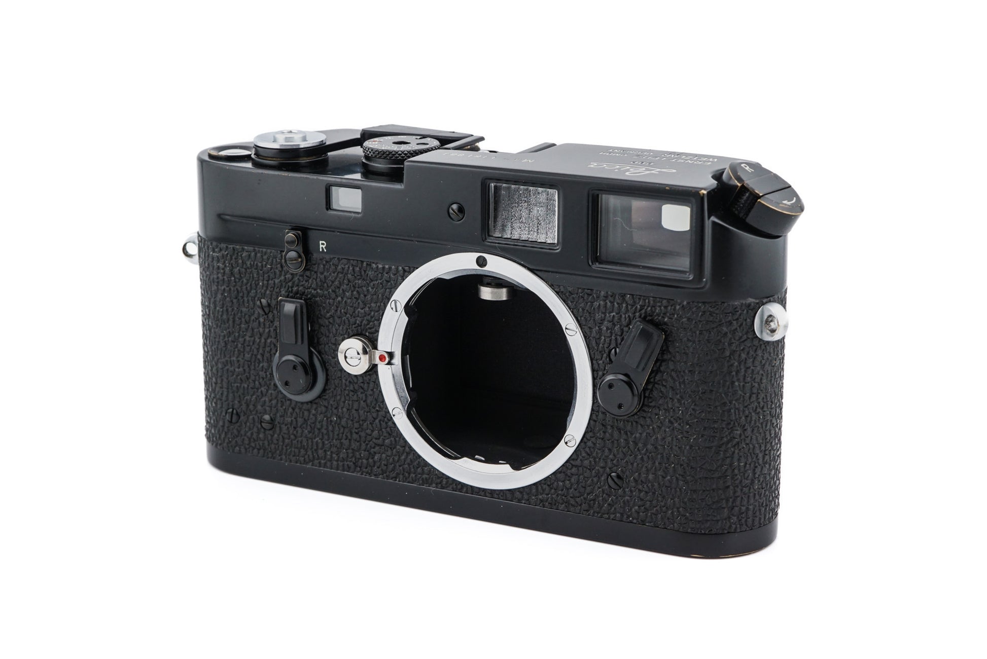 Angled view of a first batch Leica M4 black paint from 1967 showing lens mount, viewfinder, and slight brassing on rewind crank