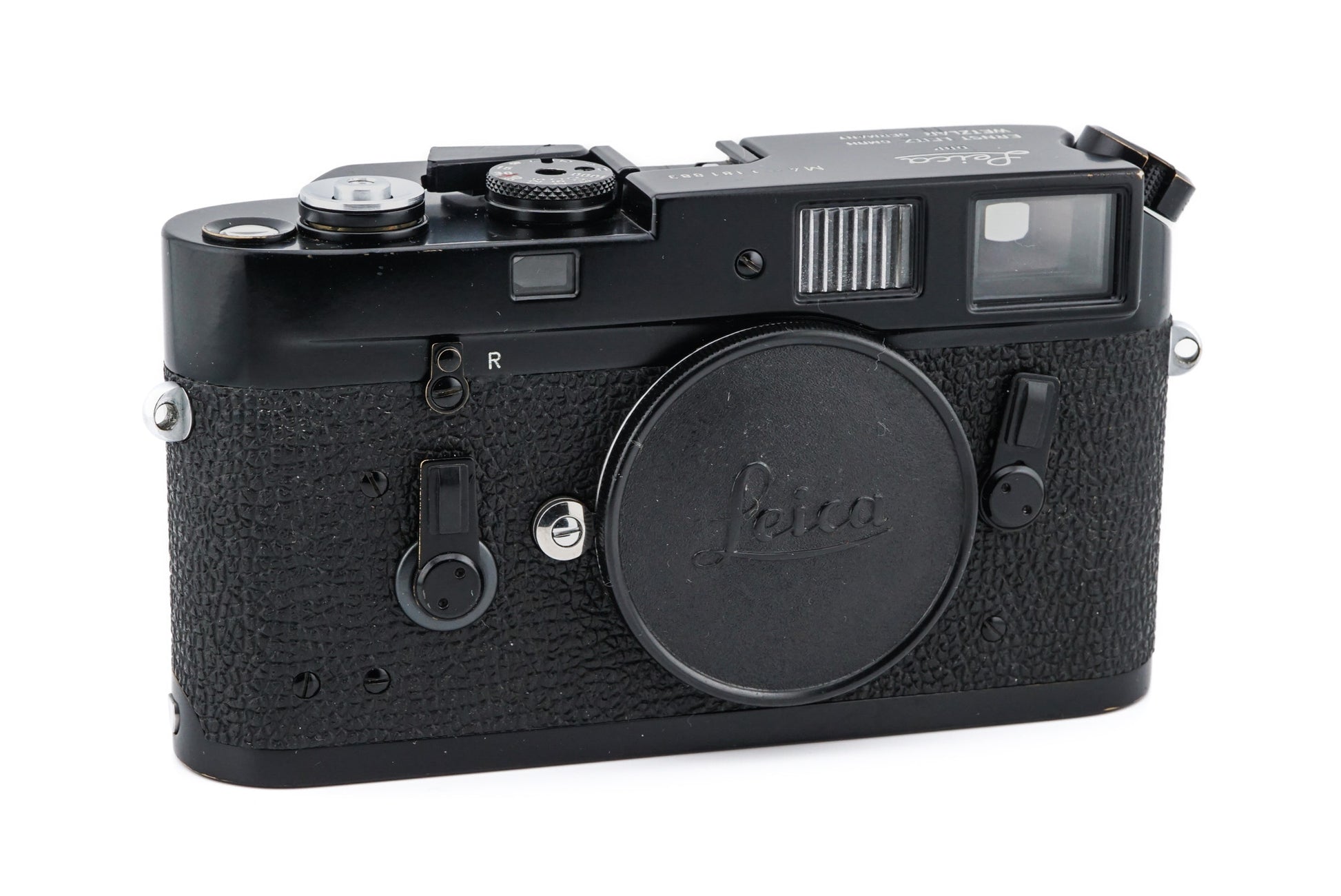 Front view of original Leica M4 black paint 35mm film camera body will very little brassing
