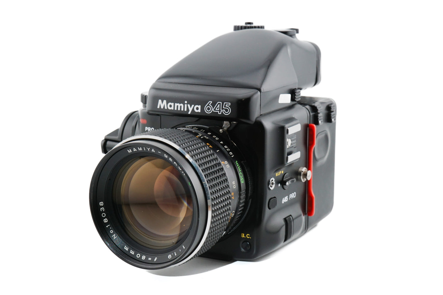 Mamiya 645 Pro + AE Prism Finder FE401 + 120/220 Roll Film Holder HA401 + 80mm f1.9 Sekor C + Film Advance Crank for M645 Pro + Neck Strap for 645 Pro / Super