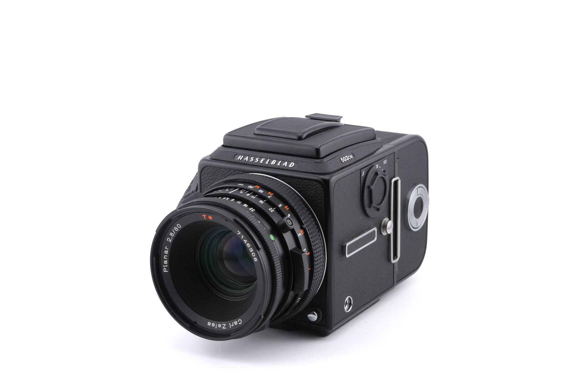 Hasselblad 503CW (Black, 10246) + A12N Film Magazine + Winding Crank E (44086) + Acute Matte Grid / Split Image Focusing Screen (42170) + Waist Level Finder (New / Black, 42323) + 80mm f2.8 Planar T* CF (20029)