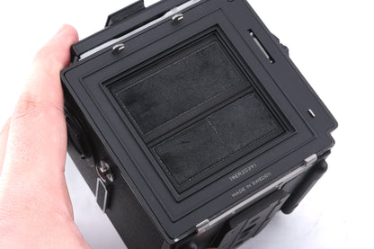 Hasselblad 503CW (10243 / 10246) + A12N Film Magazine + Acute-Matte D Microprism / Split Image Focusing Screen (42215) + Waist Level Finder (New / Black, 42323)