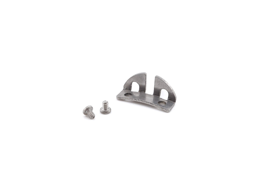 A close-up of metal camera accessory on a white background.