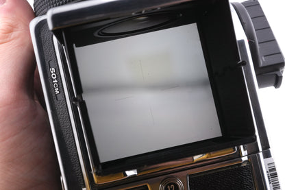 Hasselblad 501CM + 80mm f2.8 Planar T* CF (20029) + A12N Film Magazine + Waist Level Finder (New / Chrome, 42315) + Acute Matte Focusing Screen (42165)