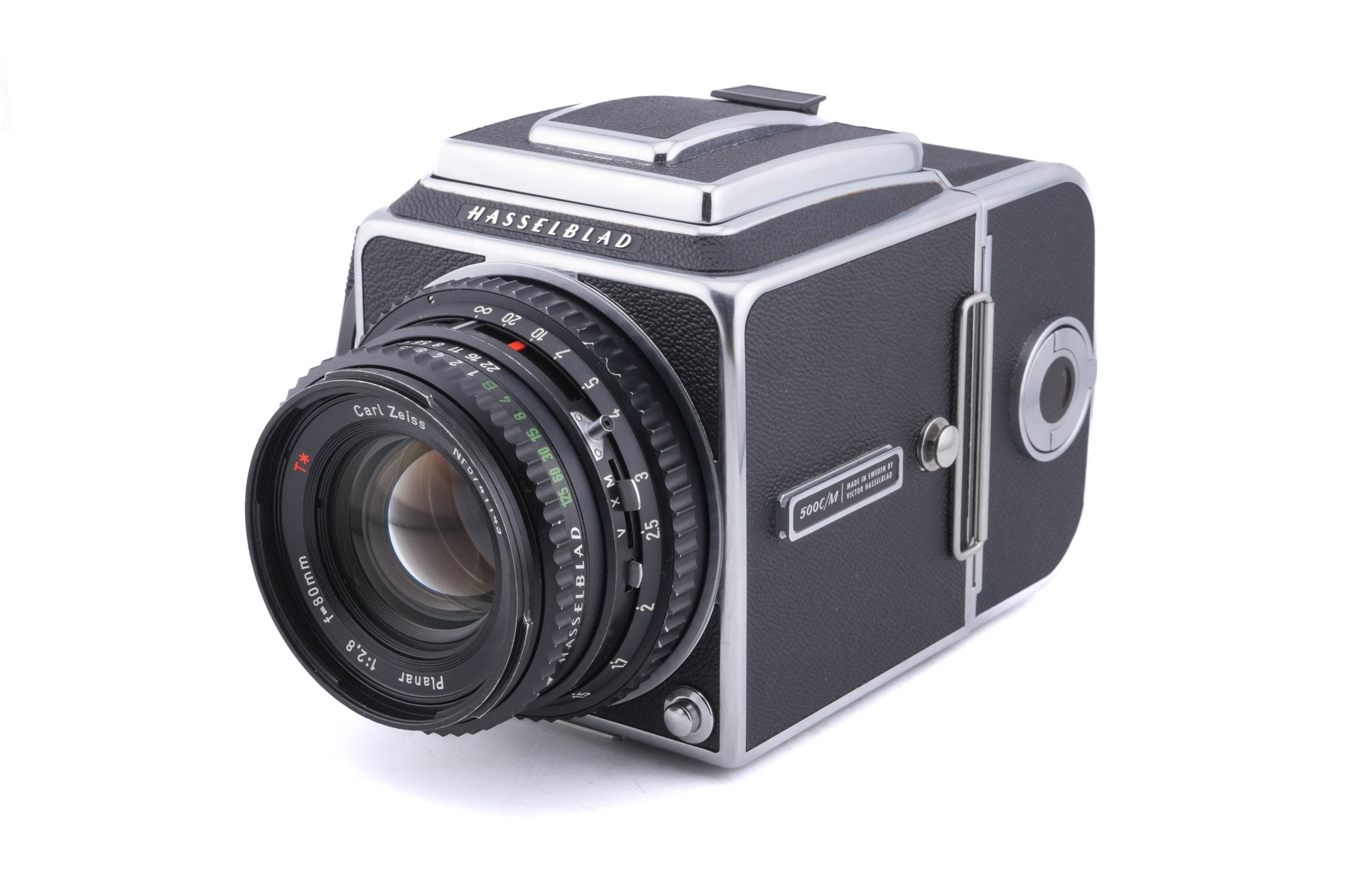 Hasselblad 500C/M (Silver, 10026) + 80mm f2.8 Planar T* C (Black, 20028) + Waist Level Finder (New / Chrome, 42315) + A12N Film Magazine + Acute Matte Focusing Screen (42165)
