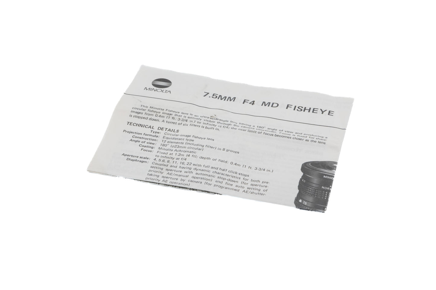 Minolta 7.5mm f4 MD Fish-Eye Data Sheet